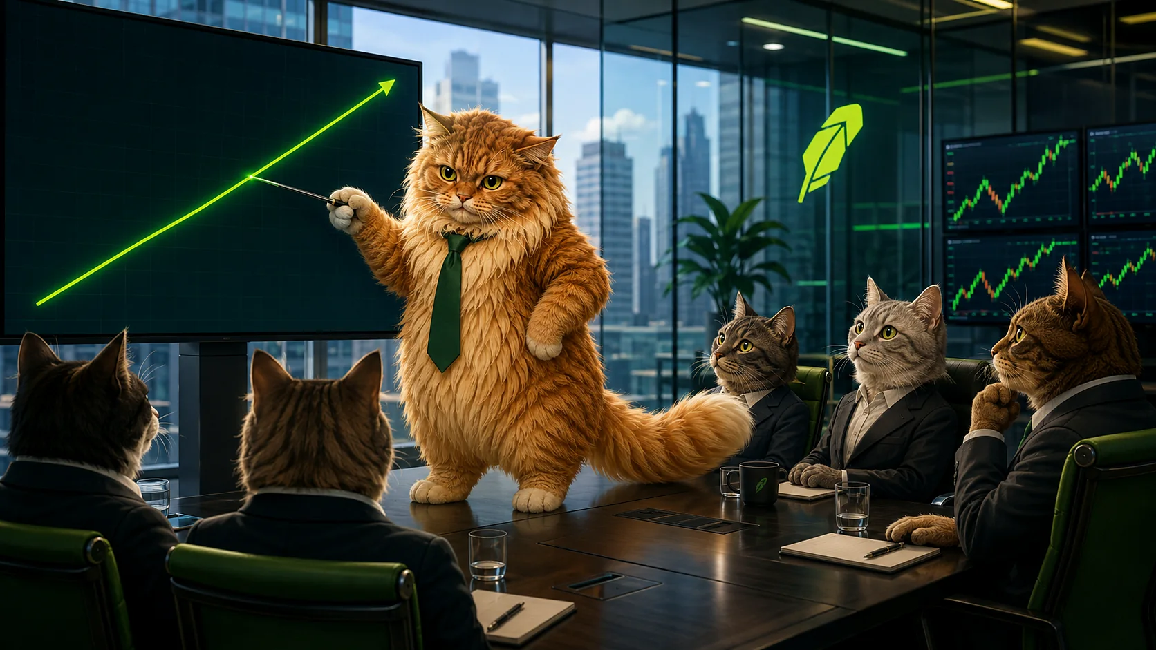 Gus presenting an upward chart to a cat boardroom