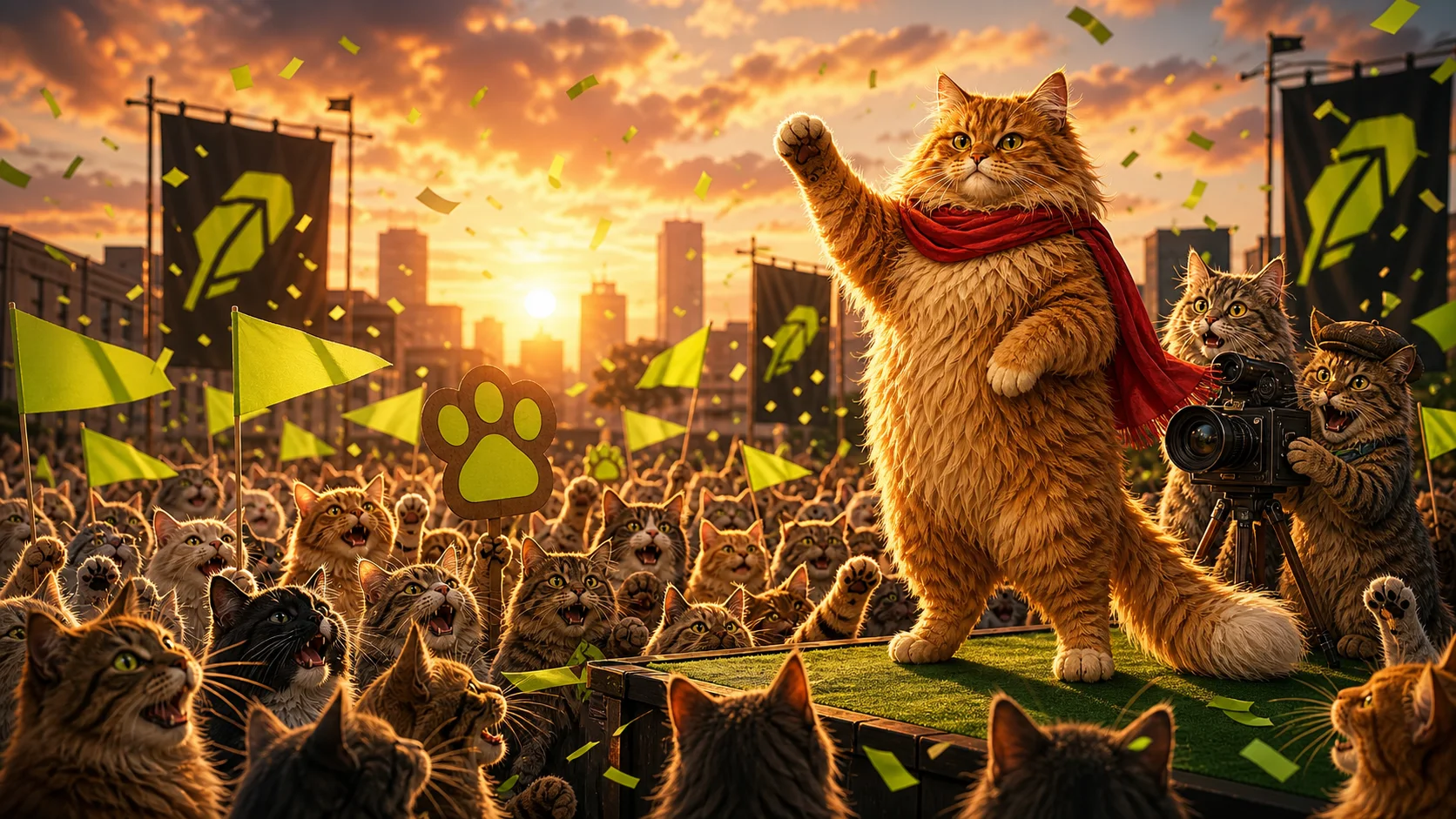 Gus greeting a huge crowd of cheering cats