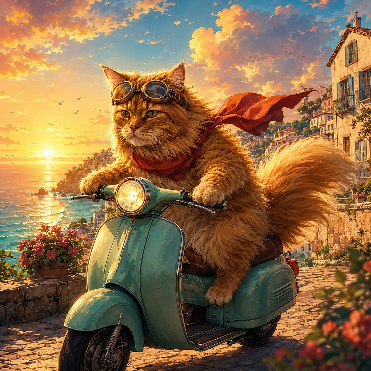 Orange cat riding a scooter by the sea