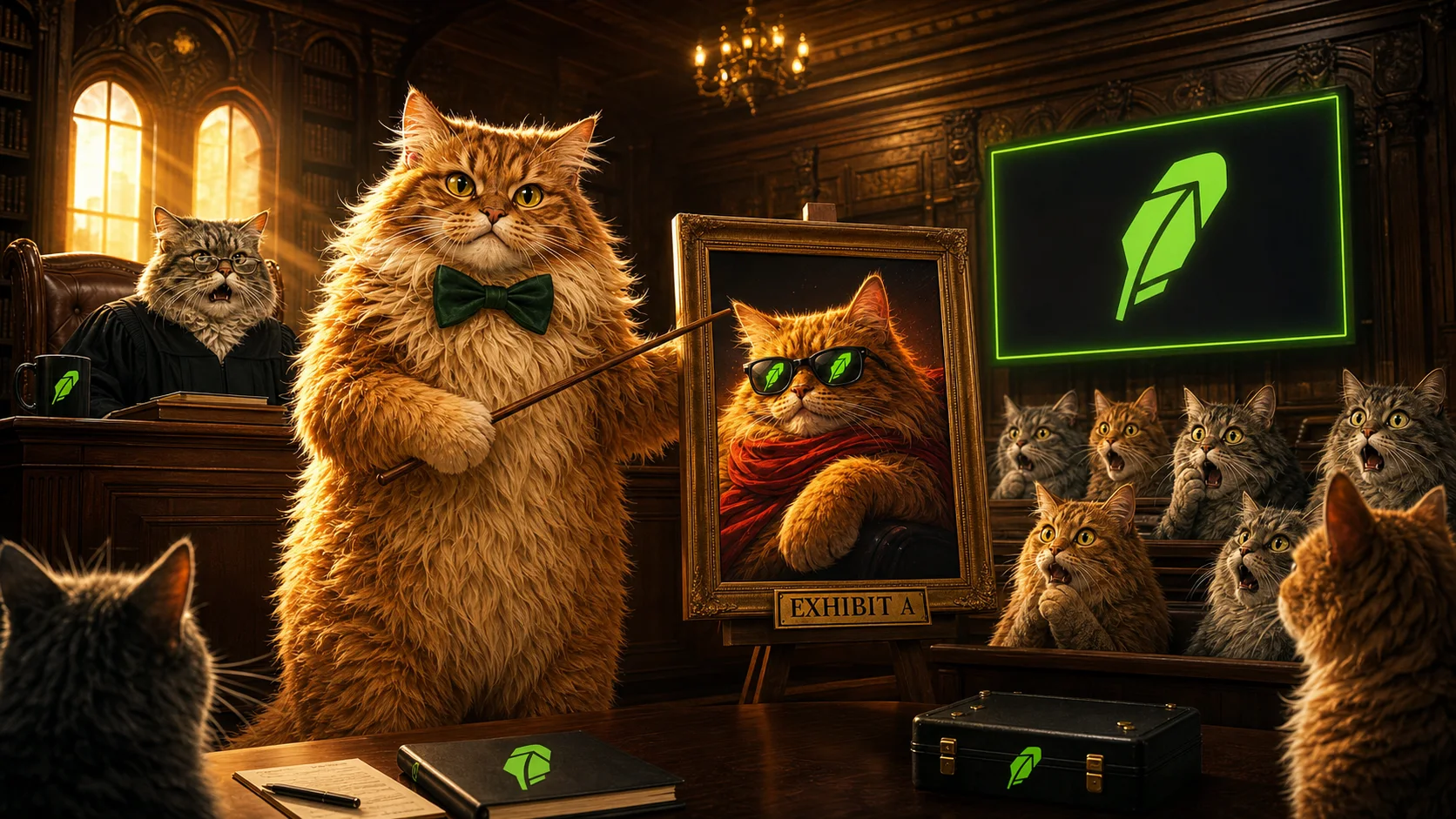 Gus presenting cat evidence in a grand courtroom