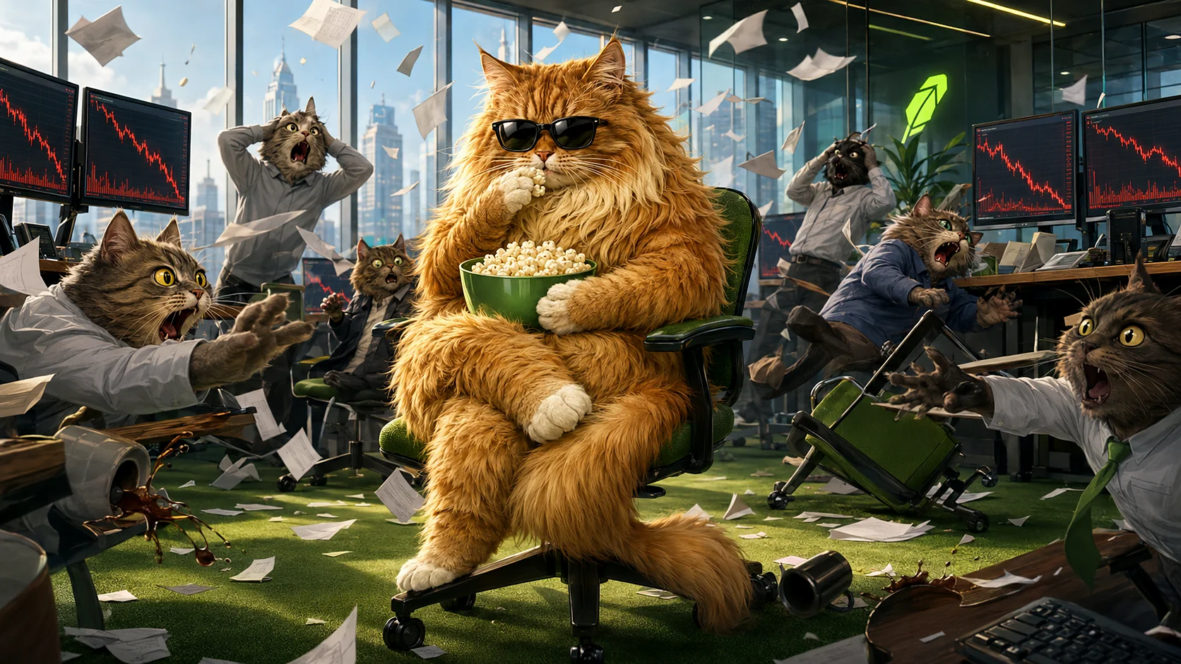 Orange cat eating popcorn while an office panics