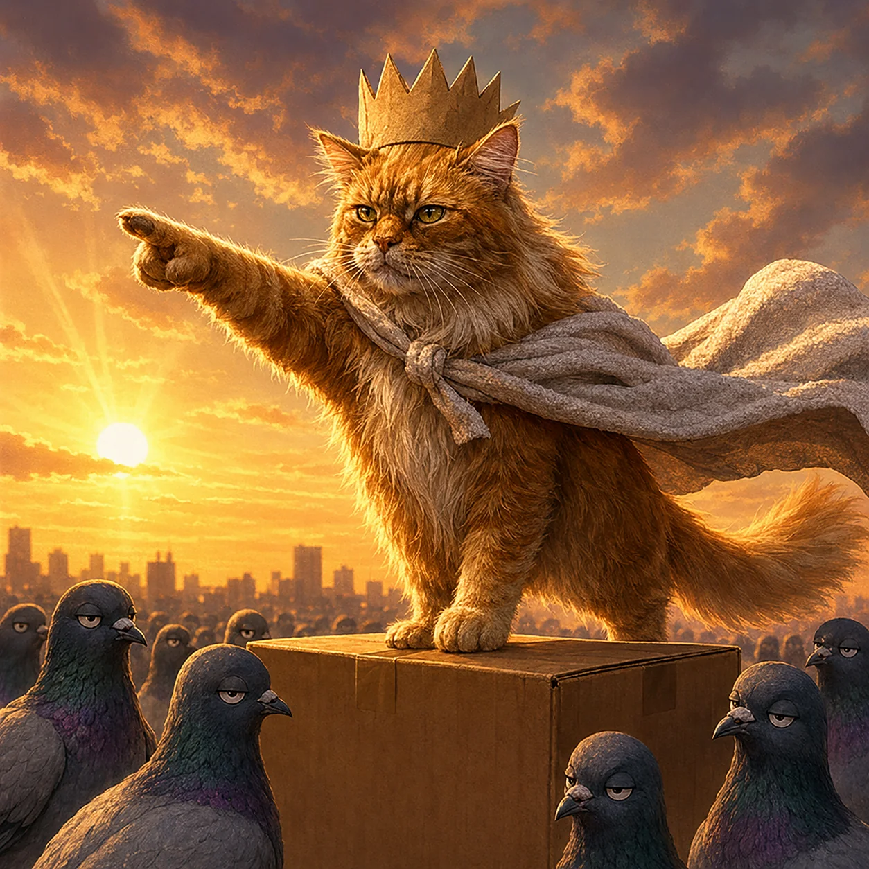 Crowned orange cat pointing toward the horizon