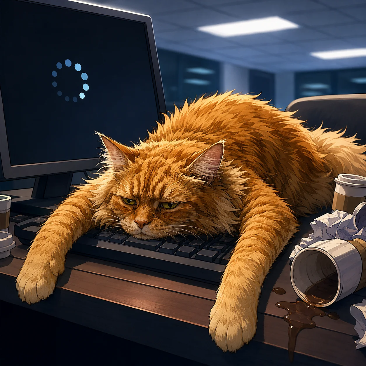 Tired orange cat lying across a keyboard