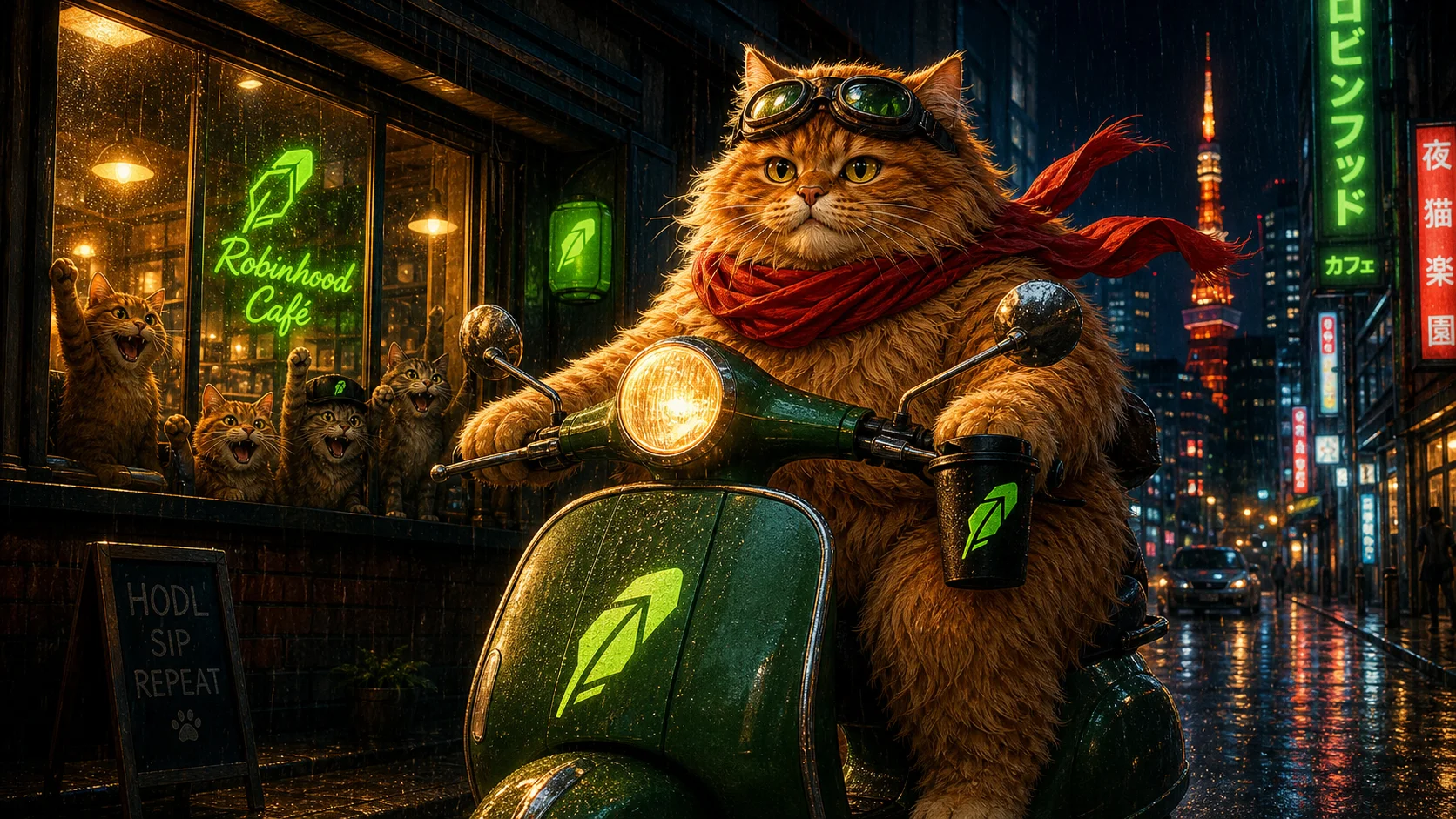 Gus riding a green scooter through rainy Tokyo