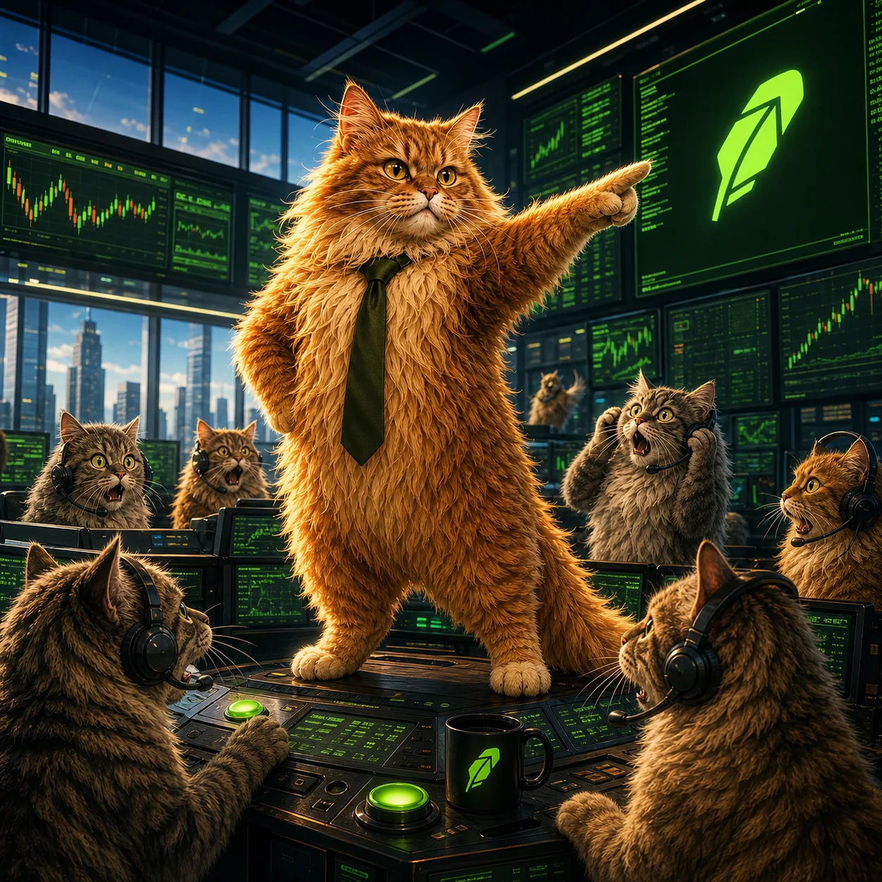 Gus commanding a neon-green cat trading room